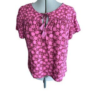 Nautica L Floral Print Short Sleeve Boho Top Tassel Tie Neck Pink & Burgundy